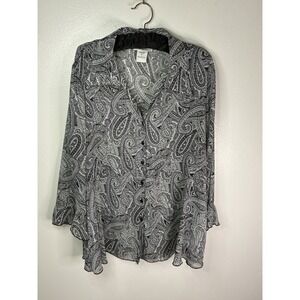 Whimsygoth Y2K Paisley Blouse Sheer Mesh Ruffle Hem Button Up Shirt L